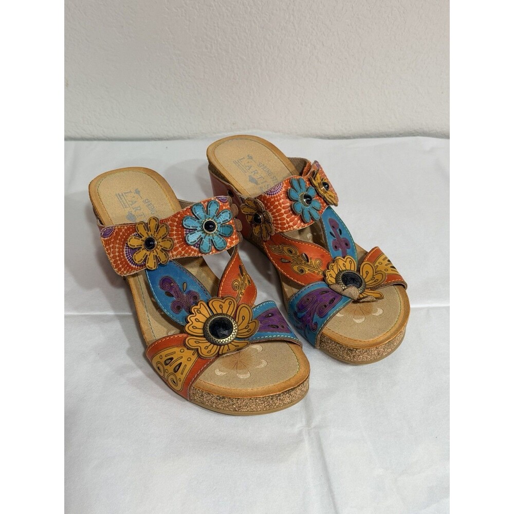 Spring Step L’Artiste Women’s US 7 EU 38 Multicolor Floral Leather Wedge Sandals